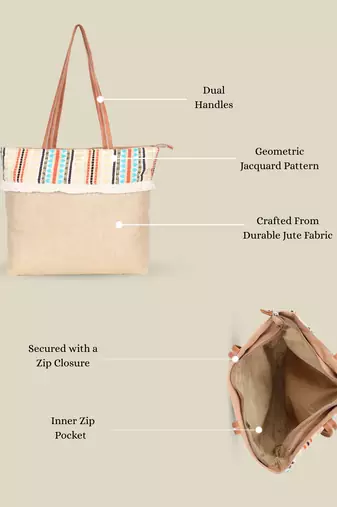   folk khaki & multi striped jute tote bag