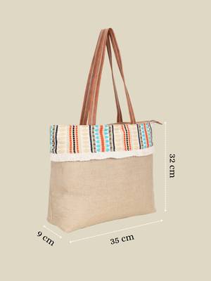   folk khaki & multi striped jute tote bag 4
