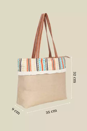   folk khaki & multi striped jute tote bag