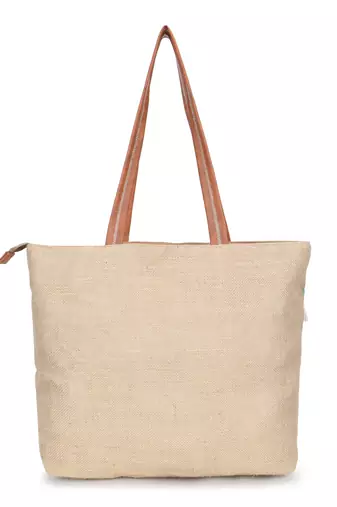   folk khaki & multi striped jute tote bag