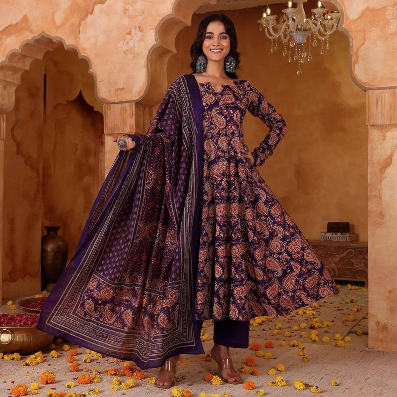 Women's Beautiful Printed Work Rayon Blend Fabric Flared Kurta Pant and Dupatta Set