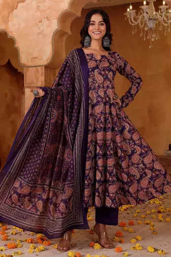 Women's Beautiful Printed Work Rayon Blend Fabric Flared Kurta Pant and Dupatta Set