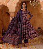 Women's Beautiful Printed Work Rayon Blend Fabric Flared Kurta Pant and Dupatta Set