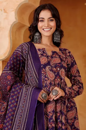 Women's Beautiful Printed Work Rayon Blend Fabric Flared Kurta Pant and Dupatta Set
