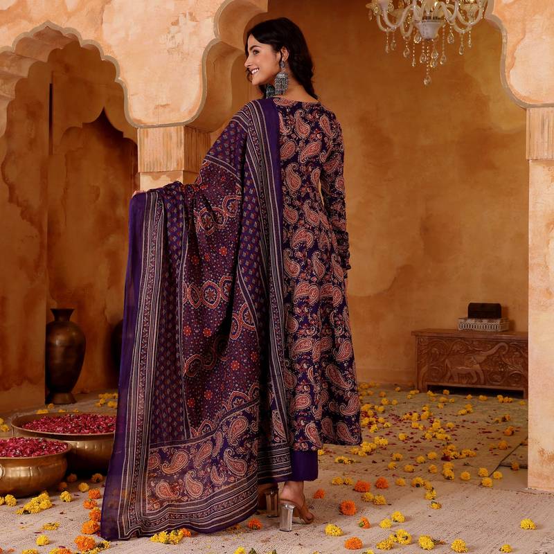 Women's Beautiful Printed Work Rayon Blend Fabric Flared Kurta Pant and Dupatta Set