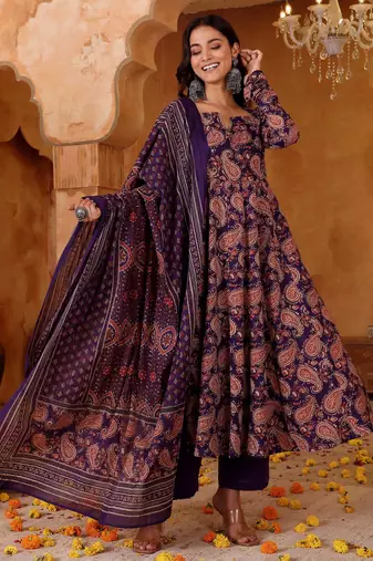 Women's Beautiful Printed Work Rayon Blend Fabric Flared Kurta Pant and Dupatta Set