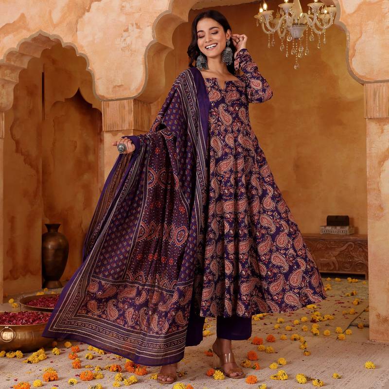 Women's Beautiful Printed Work Rayon Blend Fabric Flared Kurta Pant and Dupatta Set