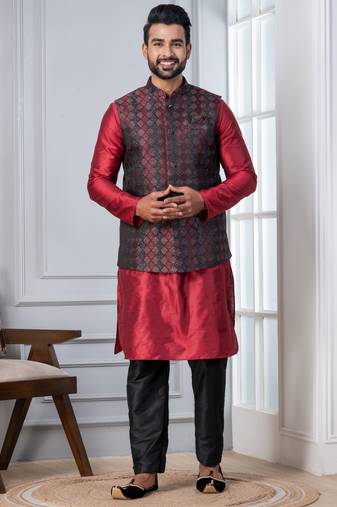 red  silk blend kurta jacket set for men with embroidered work