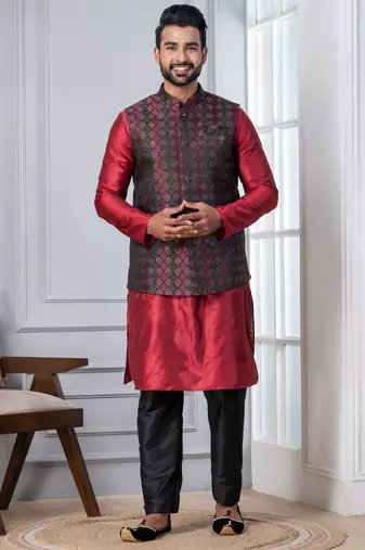 red  silk blend kurta jacket set for men with embroidered work