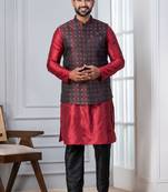 red  silk blend kurta jacket set for men with embroidered work