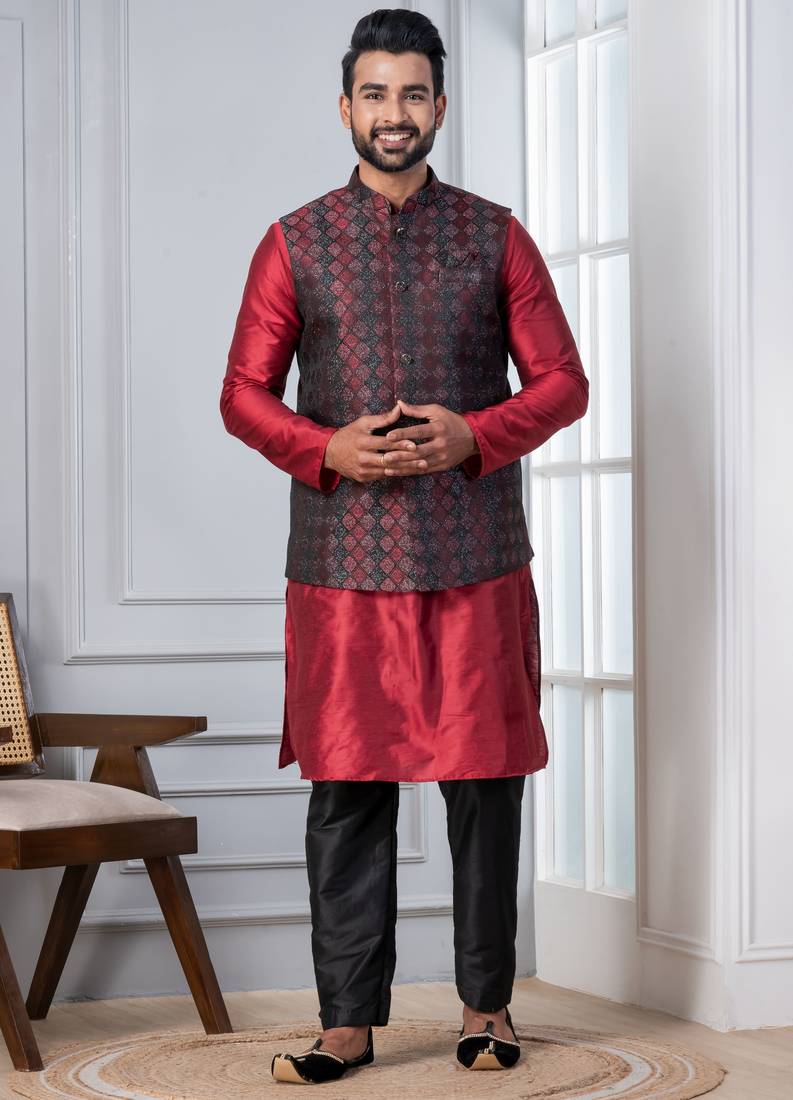 red  silk blend kurta jacket set for men with embroidered work