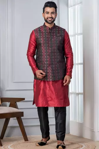 red  silk blend kurta jacket set for men with embroidered work