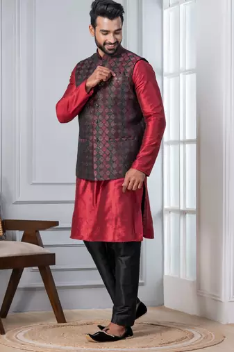 red  silk blend kurta jacket set for men with embroidered work