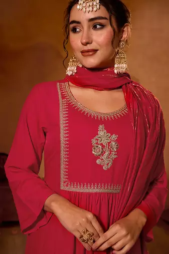 Women's Beautiful Embroidery Work Viscose Silk Fabric Flared Kurta Pant and Dupatta Set