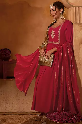 Women's Beautiful Embroidery Work Viscose Silk Fabric Flared Kurta Pant and Dupatta Set