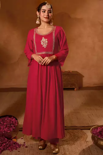 Women's Beautiful Embroidery Work Viscose Silk Fabric Flared Kurta Pant and Dupatta Set