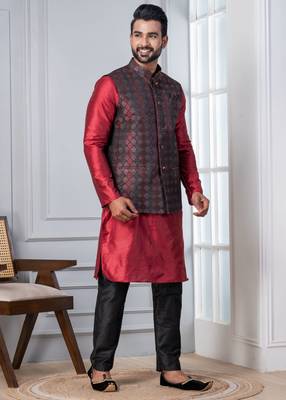 red  silk blend kurta jacket set for men with embroidered work 4
