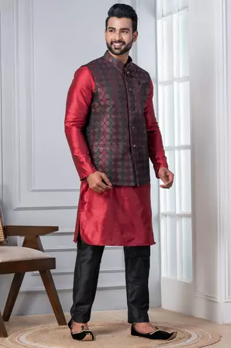 red  silk blend kurta jacket set for men with embroidered work