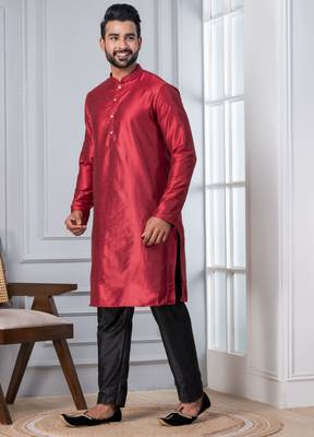  red silk blend kurta set for men   2