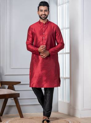  red silk blend kurta set for men   3