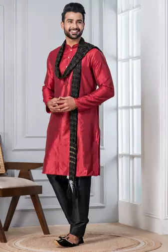  red  silk blend kurta dupatta set for men  