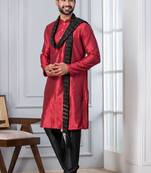  red  silk blend kurta dupatta set for men  