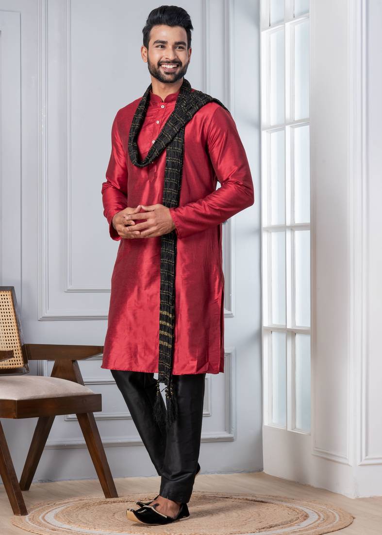  red  silk blend kurta dupatta set for men  
