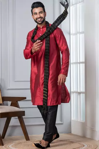  red  silk blend kurta dupatta set for men  