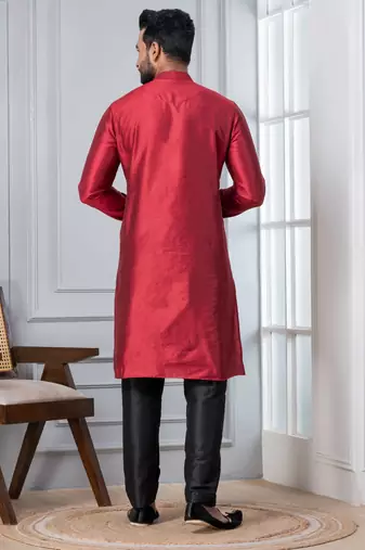  red  silk blend kurta dupatta set for men  