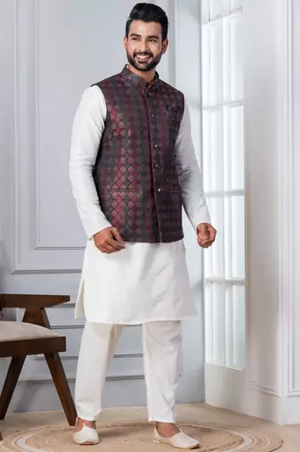 red  silk blend kurta set with jacket for men with embroidered work