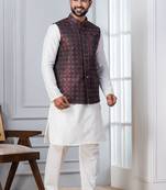 red  silk blend kurta set with jacket for men with embroidered work