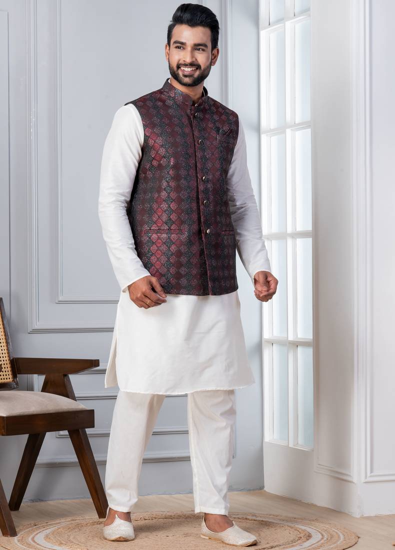 red  silk blend kurta set with jacket for men with embroidered work