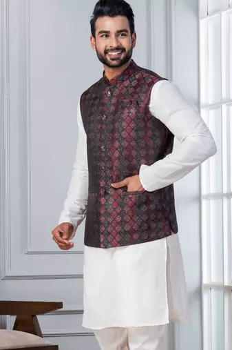 red  silk blend kurta set with jacket for men with embroidered work
