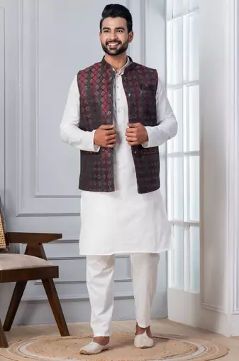 red  silk blend kurta set with jacket for men with embroidered work