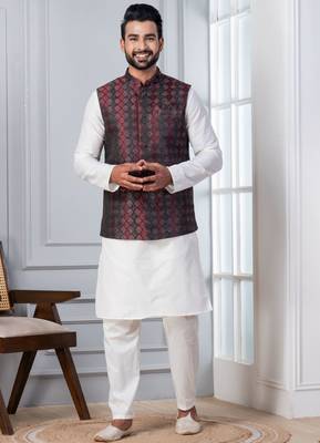 red  silk blend kurta set with jacket for men with embroidered work 4