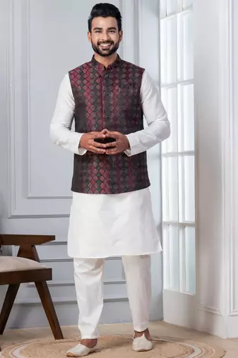 red  silk blend kurta set with jacket for men with embroidered work