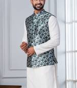  silk blend kurta jacket set for men with embroidered work