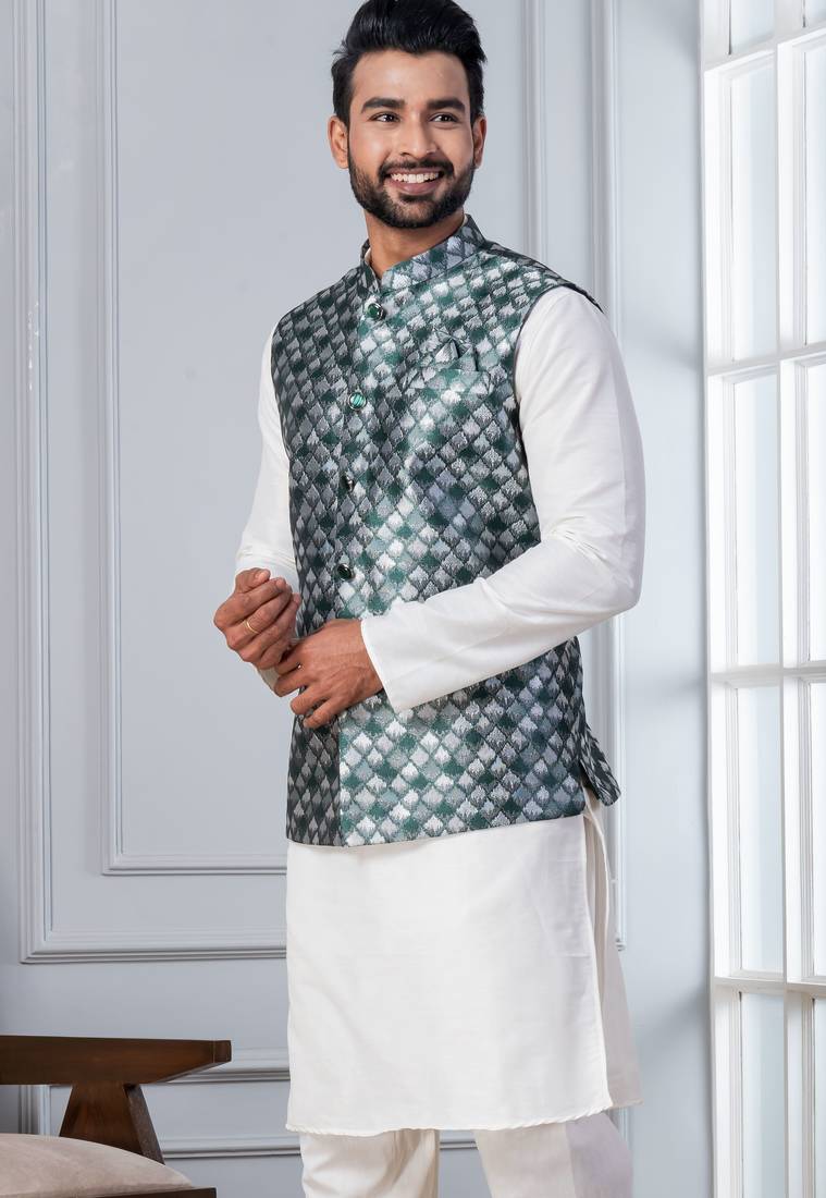  silk blend kurta jacket set for men with embroidered work