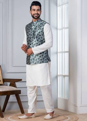  silk blend kurta jacket set for men with embroidered work 2
