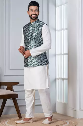  silk blend kurta jacket set for men with embroidered work