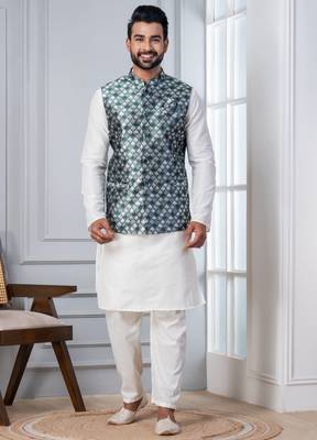  silk blend kurta jacket set for men with embroidered work 3