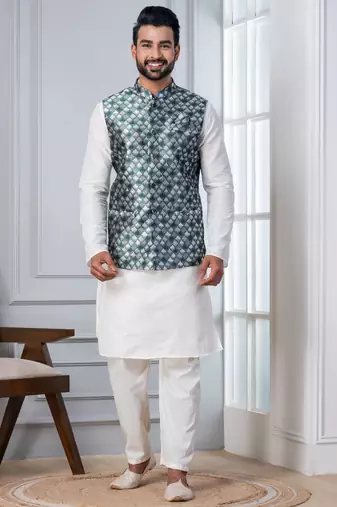  silk blend kurta jacket set for men with embroidered work