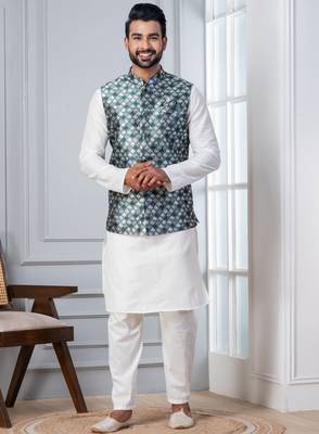  silk blend kurta jacket set for men with embroidered work 4