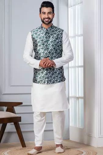  silk blend kurta jacket set for men with embroidered work