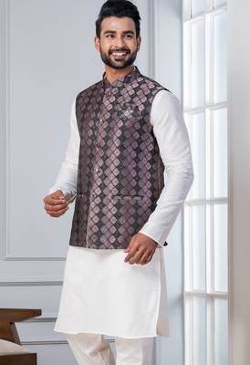  silk blend kurta jacket set for men with embroidered work 1