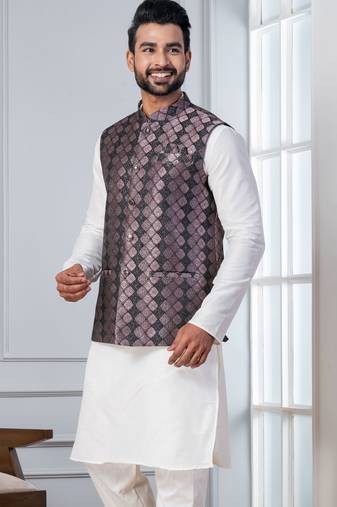  silk blend kurta jacket set for men with embroidered work