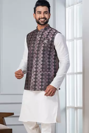  silk blend kurta jacket set for men with embroidered work
