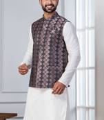  silk blend kurta jacket set for men with embroidered work