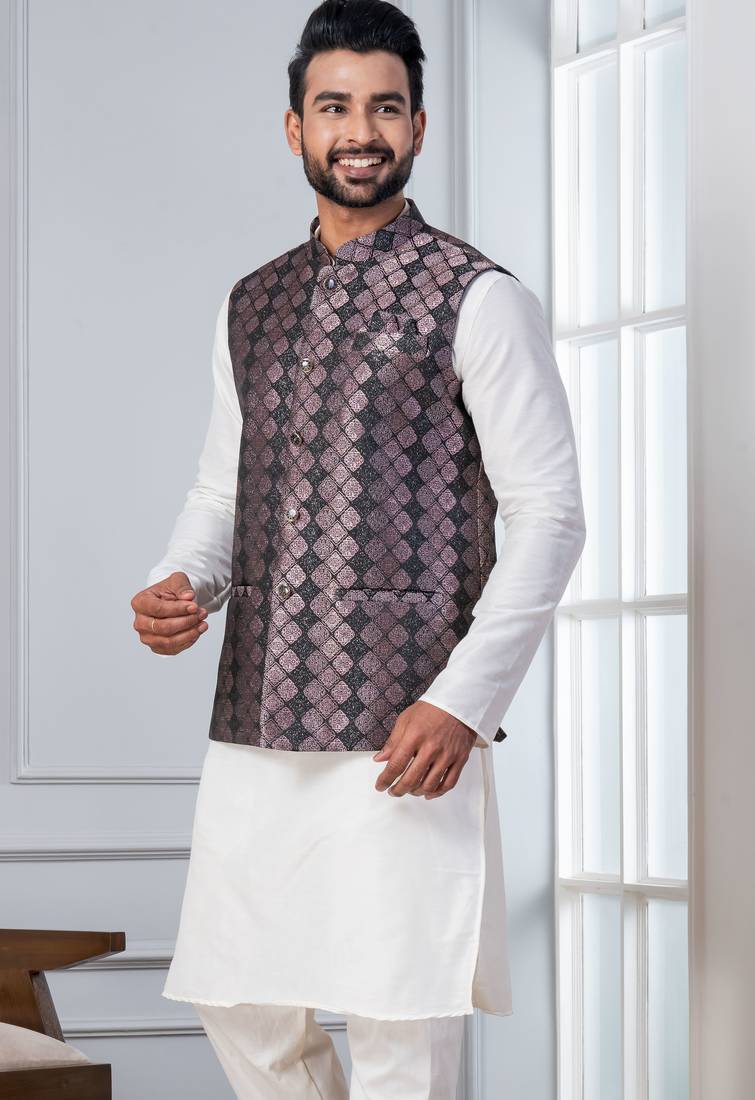  silk blend kurta jacket set for men with embroidered work