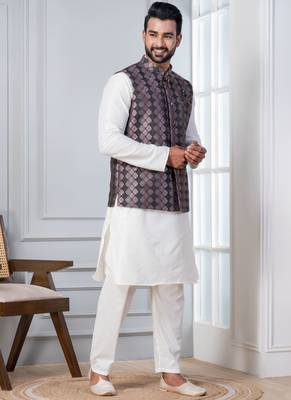  silk blend kurta jacket set for men with embroidered work 2